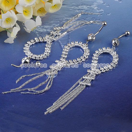 New 14G Clear Czech Crystal Tassel Chandelier Dangle Navy Ring Belly 