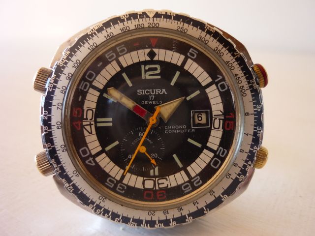 VINTAGE CHRONO COMPUTER 70s WATCH SICURA (PRE BREITLING) EXTREMELY 