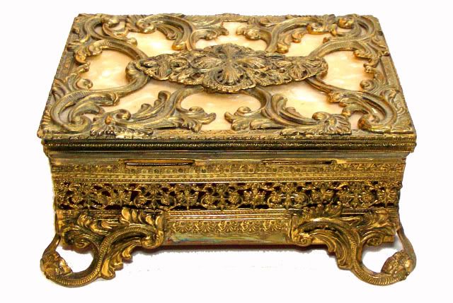 ANTIQUE MUSIC BOX, HUGE BRONZE ORMOLU CASKET, MOTHER OF PEARL TOP 