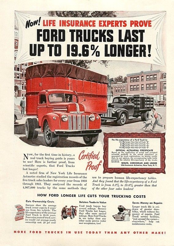 1947 Ford Trucks Last Longer, Life Insurance, Print Ad  