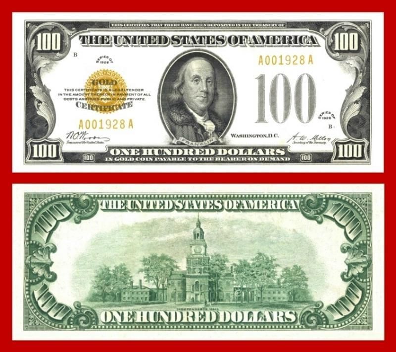 1928 $100 FRANKLIN GOLD CERTIFICATE   OVERSIZED COPY  