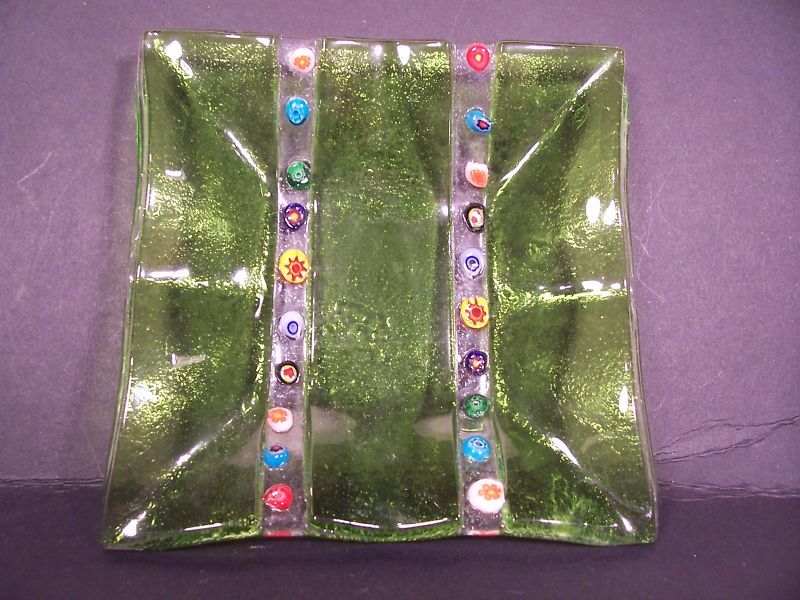 FUSED GLASS PLATE   3 D COLOR DOTS  HANDCRAFTED 4 5/8  