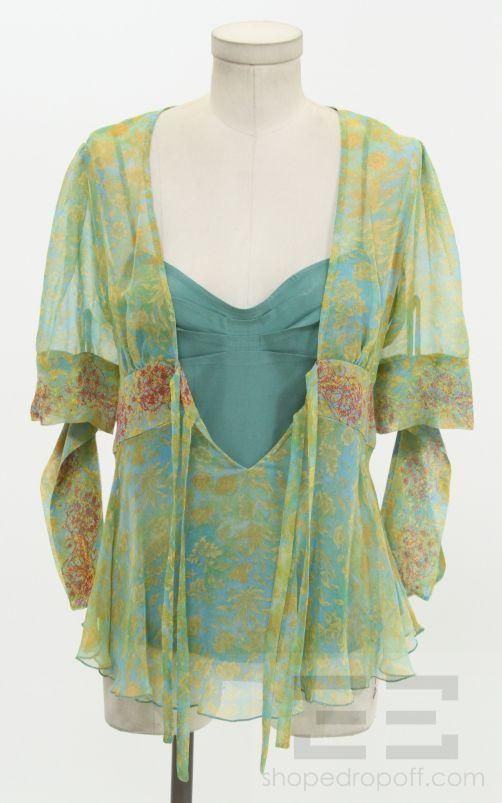   Von Furstenberg Green Print Sheer Silk Blouse & Cami Set Size 8  