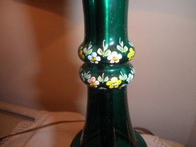   Bohemian Guilded Green Art Glass lamp w/ painted Roses dolphin base