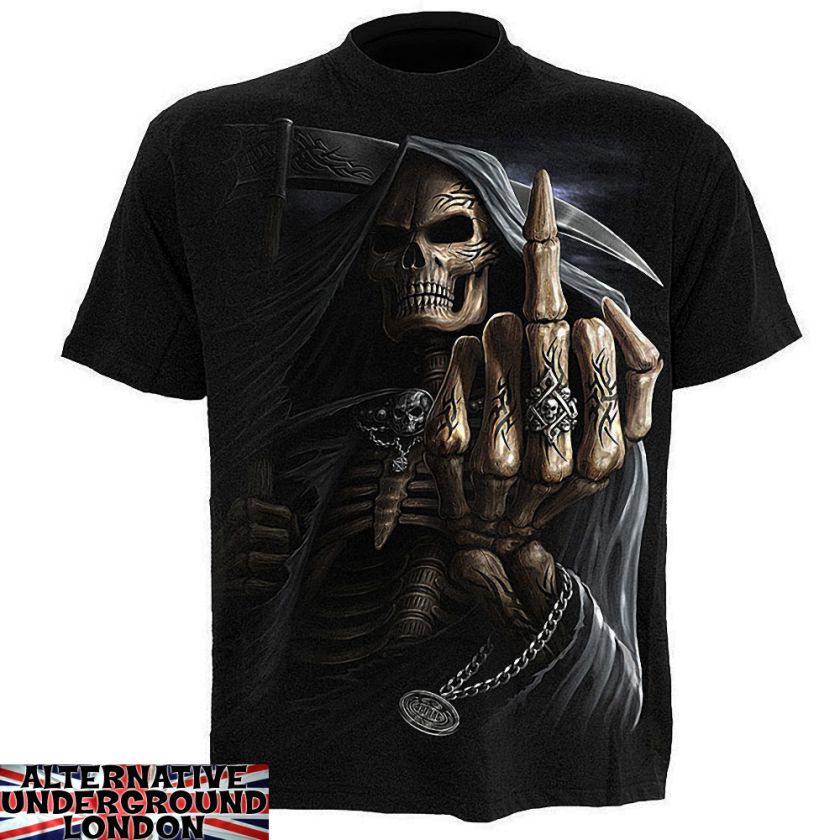   DIRECT BONE FINGER T SHIRT GOTHIC REAPER SKELETON TATTOO TRIBAL SKULL