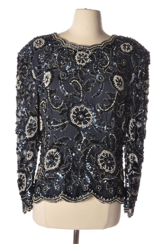 VTG Embellished Beaded Midnight Blue Evening Blouse  