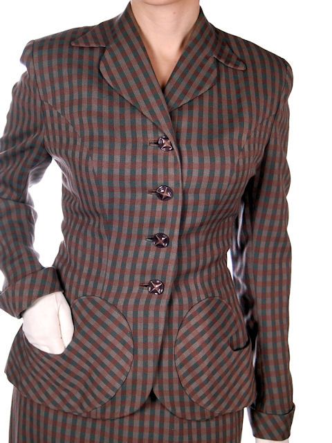   Taupe/Gray Wool Gab Ladies Suit 1940s Detailed Pockets 36B 23W  