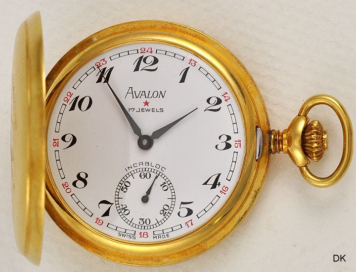 Avalon Gold Plated Pocket Watch Runs Well 17 Jewels  