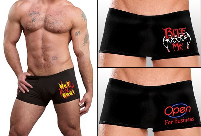Male Power funny slogan lo rise boxer briefs black with 7 phrases to 