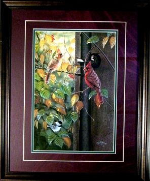 Framed Cardinal gathering Berries Print  