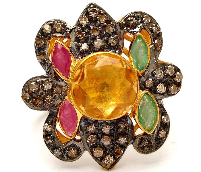 CITRINE RUBY EMERALD DIAMOND ESTATE VICTORIAN RING  