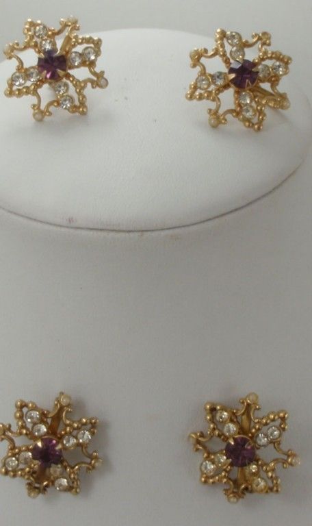 VTG PARURE SET EARRINGS BROOCH PINS RHINESTONES SCREW B  