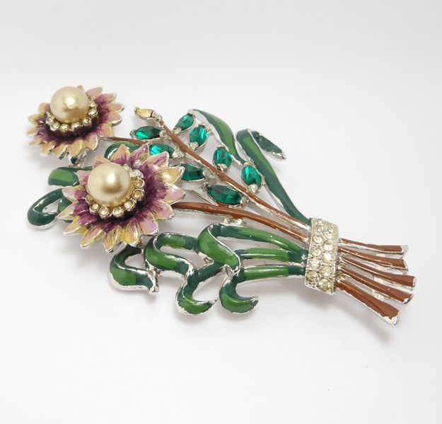 EARLY CORO ENAMEL FLOWER BROOCH KATZ $❶NR  