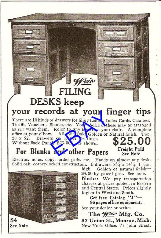 1916 WEIS WOOD OFFICE DESK FILING CABINET AD MONROE MI  