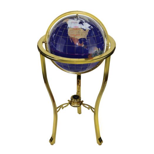 Blue & Polished Stone Globe w Three Legged Brass Stand & Compass New 