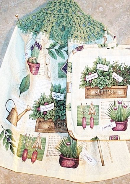 Kitchen Towel Hanging Hot Pad Set Herb Sage Green NEW  