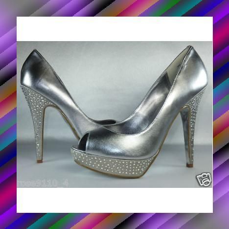 Mariah Carey Sparkling Open Toe Platform Pump Pewter Satin Leather NIB 