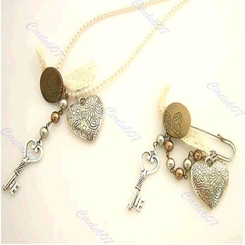 Fashion Cute Heart Pearl Key Bowknot Sweater Necklace  