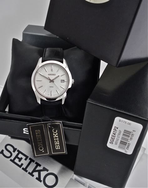 Seiko Mens Watch Black Leather Band / White Dial SGEE41P2 BRAND NEW 