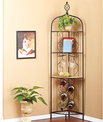 Black Metal Corner WINE BOTTLE RACK Plant Glasses Book Shelf Display 