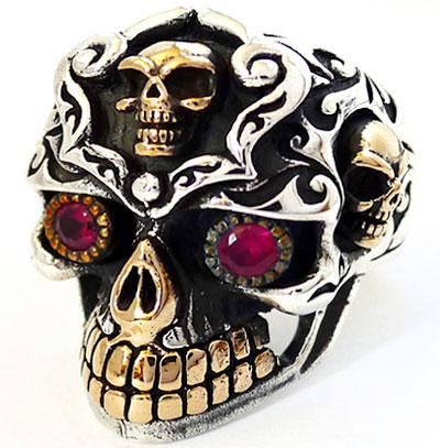 HUGE MEXICAN SKULL STERLING 925 SILVER RING Sz 11 RED RUBY EYES 14K 