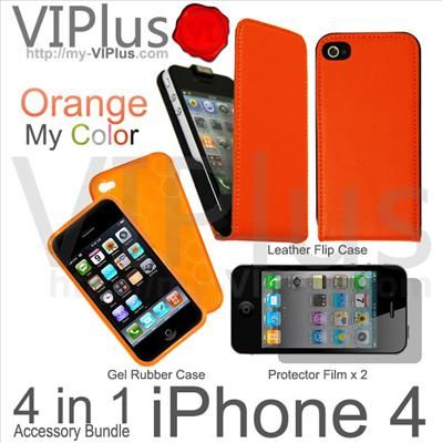   Bundle Kit for Apple iPhone 4 4G Genuine Leather Case Orange FC  