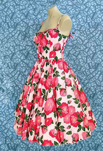 Vintage 50s FULL SKIRT Sundress, Spaghetti Straps, Cotton Rose Print 