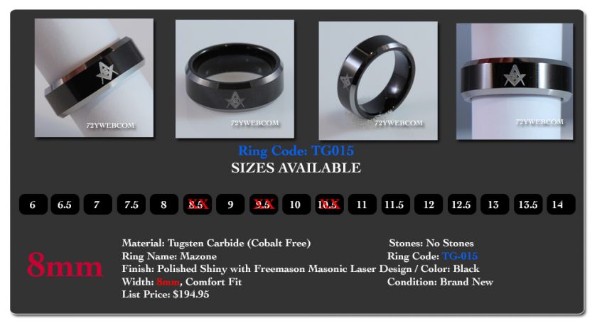 Masonic Tungsten Carbide Ring Color Size 6   14  