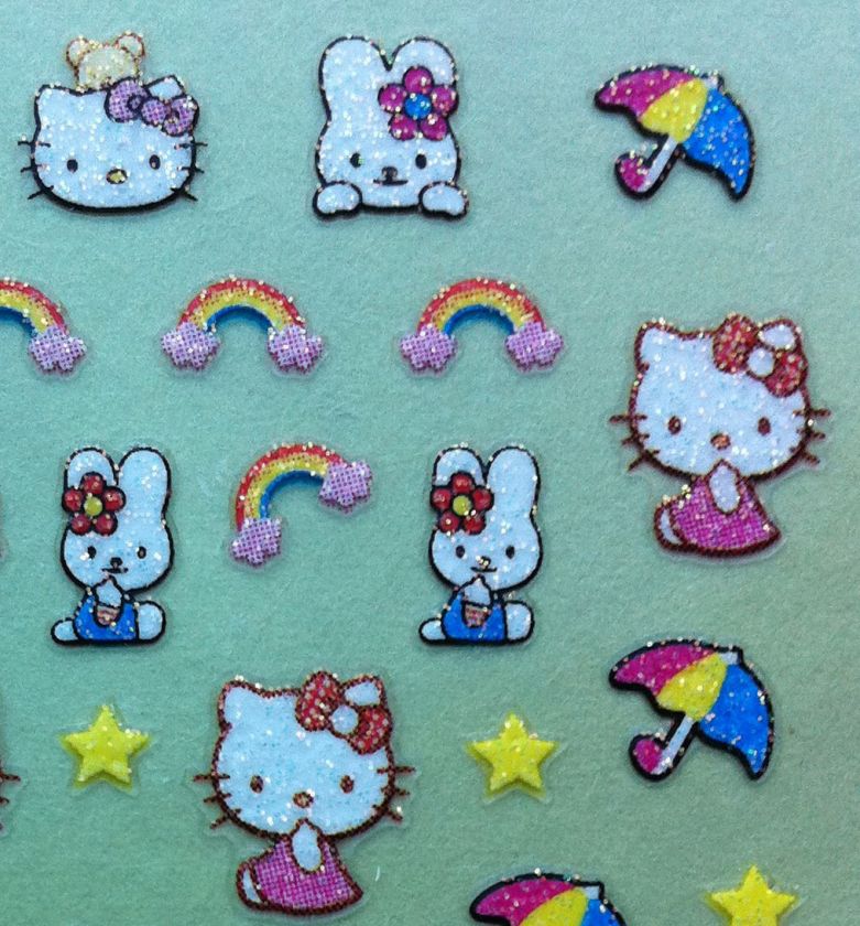   Sticker Glitter Decal Hello Kitty Bunny Rainbow Umbrella Star 47 pcs