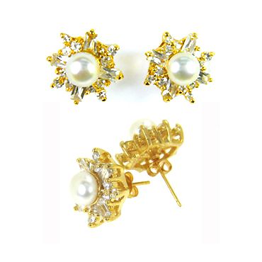   JEWELRY PEARL TOPAZ RHINESTONES YELLOW GOLD GP STUD EARRINGS  