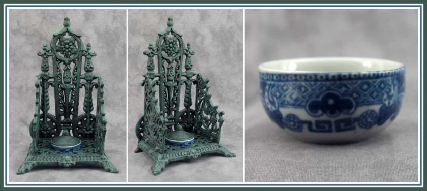 CAST IRON VICTORIAN INKWELL w/ PORCELAIN FLOW BLUE INKPOT ~ANTIQUED 