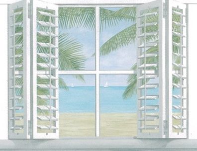 TROPICAL BEACH SHUTTER WINDOW Wallpaper Mural Tan  